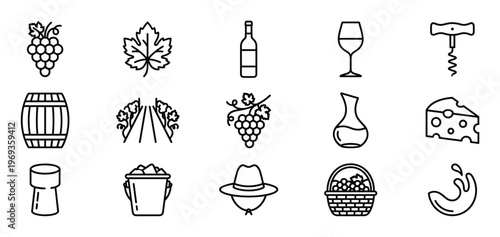 Collection of fifteen black outline icons representing various elements of wine production and consumption, presented in a clean, minimalist style