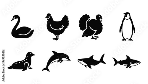 A collection of black silhouettes depicting various waterfowl and marine animals including swans chickens and sharks silhouette high quality professional detailed