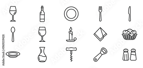 Collection of fifteen black outline icons representing various dining and kitchen items, neatly arranged in rows