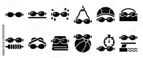 Collection of black silhouette swimming goggles icons illustrates various aspects of aquatic activities and gear
