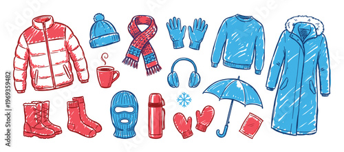 Various hand-drawn winter clothing and accessories are arranged neatly, showcasing a cozy and warm collection in a doodle art style