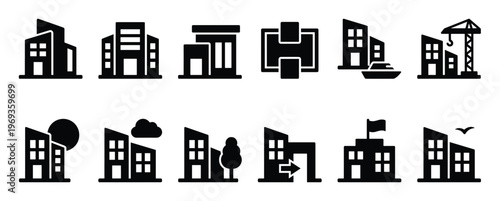 Collection of black silhouette building icons representing various architectural structures and urban elements in a grid