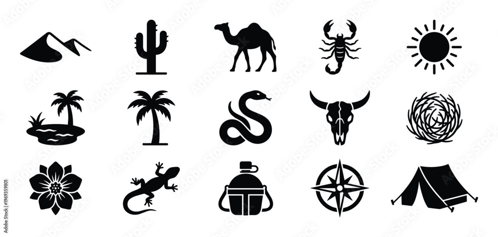 Fototapeta premium Collection of fifteen black desert-themed icons, including a camel, cactus, scorpion, sun, and tent, arranged neatly