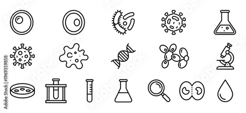 Collection of black outline icons representing various scientific and biological elements, including cells, viruses, DNA, and lab equipment