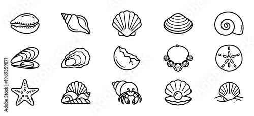 Collection of fifteen black outline icons depicting various seashells, marine life, and beach-related objects in a clean, illustrative style