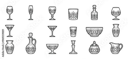 Collection of black outline crystal glassware icons, including various drinking glasses, decanters, bowls, and vases, presented with intricate patterns