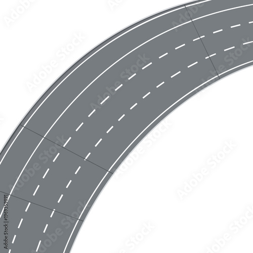 A curved multi-lane asphalt road with white dashed and solid lane lines