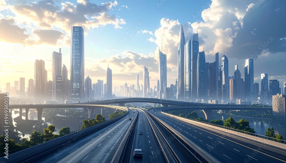Fototapeta premium Futuristic Cityscape with Highway and Modern Architecture under a Cloudy Sky.