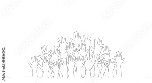 Many hands reaching upward in line art   unity and support with raised hands