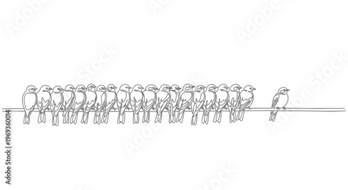 Birds on a wire line art   one bird separate with standing out