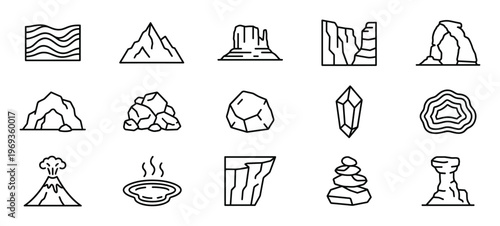 Various black outline icons depicting different geological formations and natural elements on a clean white surface