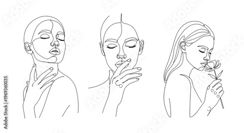 Minimalist line art of three women's faces expressing serenity and beauty