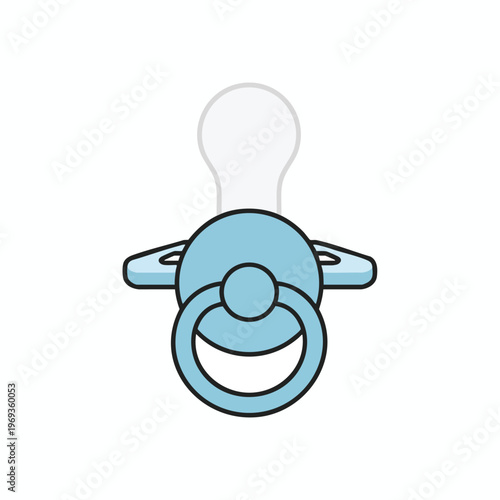 A flat design illustration of a light blue baby pacifier with a white nipple