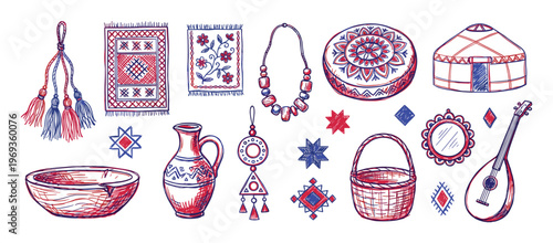 Various hand-drawn folk art objects and traditional crafts in red and blue colors, illustrating cultural heritage