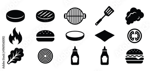 Collection of black silhouette icons representing various burger ingredients and barbecue tools, presented in a clean, graphic style