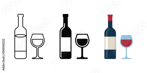 Wine, bottle and glass icon vector representing red wine, winery branding, elegant drink, alcohol beverage, vine bar, and Chardonnay, rosé, and burgundy wine concepts.