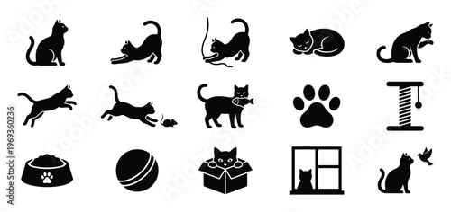 Various black cat silhouettes and related items are depicted as a collection of simple, clean icons