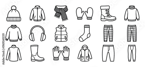 Collection of various outline winter clothing and accessories icons, including hats, jackets, sweaters, and boots, presented in a clean, graphic style