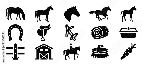 Collection of black silhouette icons representing various horses and equestrian-related items in a clean, graphic style