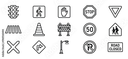 Collection of various outline road signs and traffic elements, including a stop sign, traffic light, and pedestrian crossing