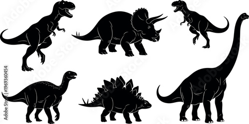 Dinosaur silhouettes collection featuring various prehistoric species in different poses, black isolated vector set of Jurassic reptiles for educational, wildlife and design projects