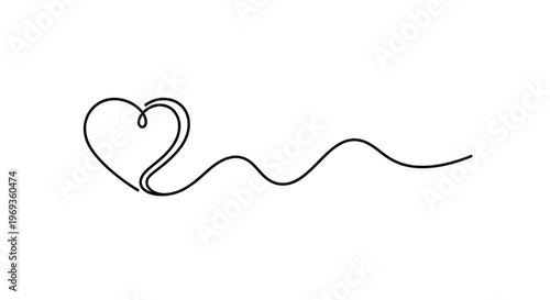 Continuous line heart with flowing tail, love and emotion symbol, symbolizes love, emotion