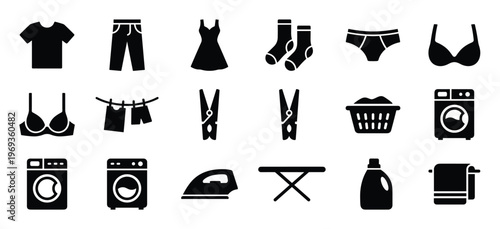 Collection of black silhouette laundry and clothing icons representing various garments and washing essentials in a clean graphic style