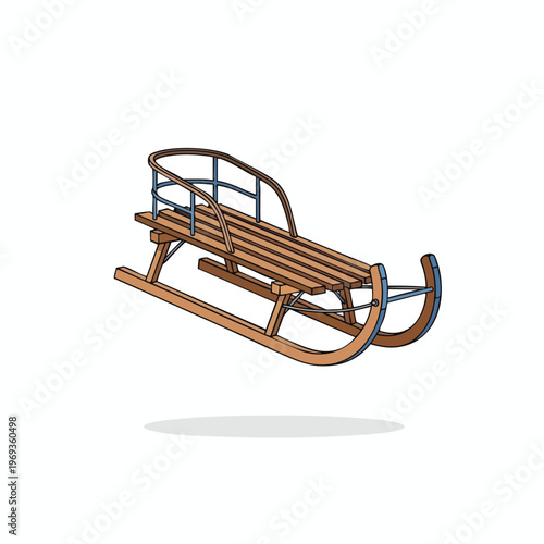 A wooden sled with curved runners and a blue metal railing