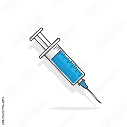 Flat icon of a syringe filled with blue liquid, with a sharp needle extended