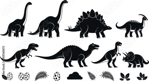 Dinosaur silhouettes set featuring multiple prehistoric species with eggs and tropical leaves, black vector collection of Jurassic reptiles isolated on light background for design