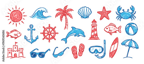 Vibrant collection of hand-drawn summer and beach-themed doodles, featuring various marine life, vacation items, and sunny elements in red and blue