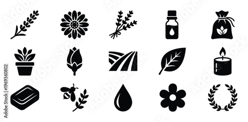 Collection of fifteen black glyph icons representing natural elements and aromatherapy products, presented in a clean, graphic style