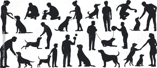 Dog training silhouette set with people playing walking and caring for pets isolated on white background, animal companionship lifestyle activity concept illustration