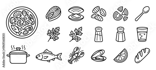 Collection of various seafood and cooking ingredients in a clean, minimalist outline icon style