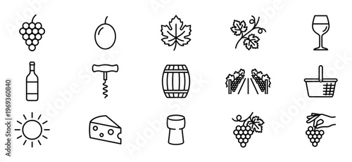 Collection of black outline vector icons representing various elements of winemaking and viticulture, including grapes, bottles, and barrels