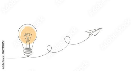 Light bulb with paper airplane, idea and innovation concept, line art