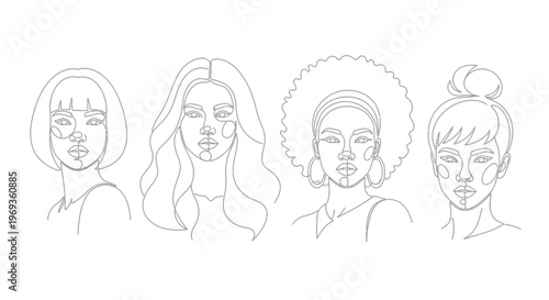 Diverse women portraits, minimal line art, different hairstyles, simple, clean artistic style