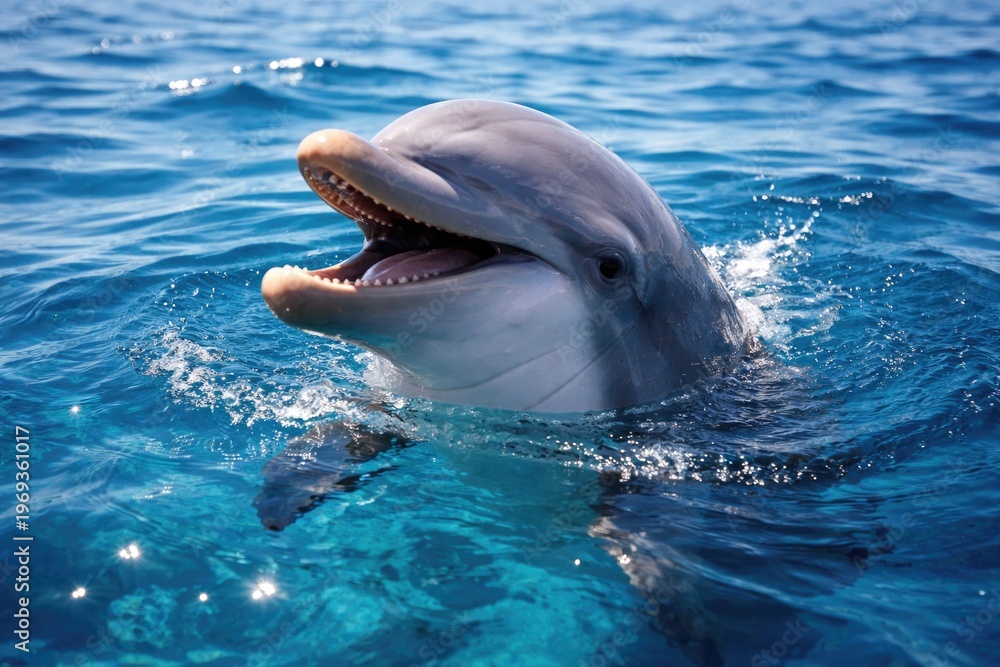 Fototapeta premium Happy bottlenose dolphin surfacing for breath in clear blue ocean