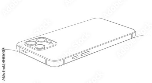 Minimalist line art of a modern smartphone, back view isometric, focuses on the camera