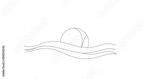 Minimalist sun rising over waves line art illustration with white background