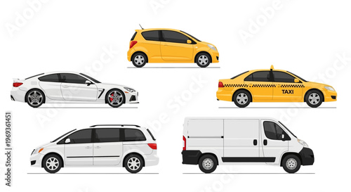 Variety of vehicles isolated on white background for transportation concepts