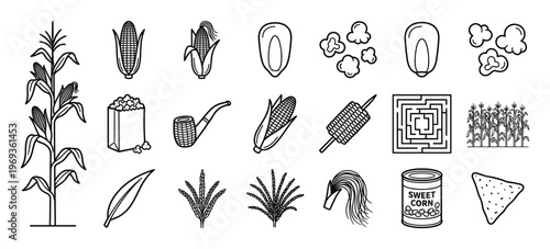 Comprehensive collection of black and white corn-related icons showcasing various forms and products of maize