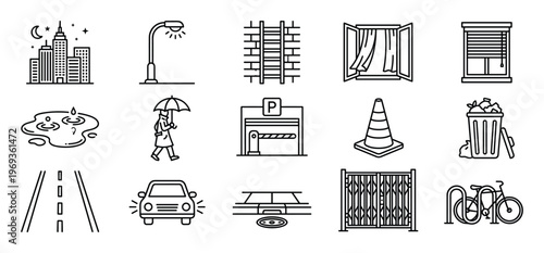 Collection of fifteen black outline icons representing various urban and street elements, presented in a clean, minimalist style