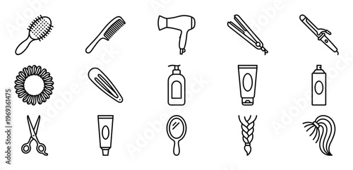 Collection of various outline icons representing different hair care tools and styling products, perfect for beauty-related designs