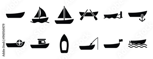 Collection of black boat and sailboat icons in various styles, including fishing boats and rowboats