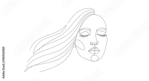 Elegant woman's face in minimalist single line art with flowing hair