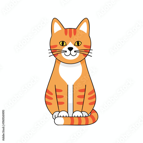 Adorable cartoon tabby cat with orange stripes sits patiently
