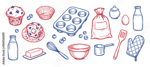 Collection of hand-drawn baking ingredients and tools, including muffins, blueberries, milk, butter, flour, eggs, a whisk, a bowl, a measuring cup, a spatula, a muffin tin, and an oven mitt,