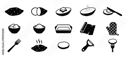 Collection of black and white icons representing various stages of potato preparation and cooking, including whole, cut, baked, and mashed