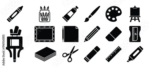 Collection of black silhouette art and craft supplies icons, including crayons, paint, brushes, and paper, arranged neatly